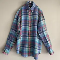 【美品】RALPH LAUREN 麻100% ボタンダウン　チェック長袖シャツ