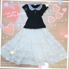 まんまるレース襟♡女の子パフ袖♥ドット柄カットソー&総レースロングスカートのサムネイル