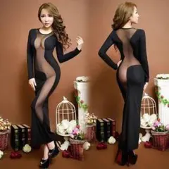 【新品】大胆シースルー ロングドレス 黒 タイト セクシー キャバ パーティー