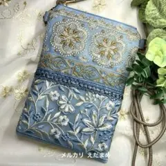 スマホショルダー スマホポシェット サコッシュ インド刺繍リボン くすみブルー