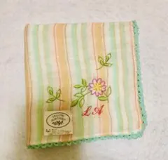 ローラアシュレイ　ガーゼハンカチ　花　刺繍　オレンジ　　グリーン