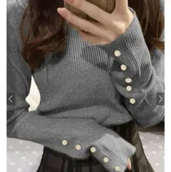 【美品】グレー リブ編み 長袖ニット