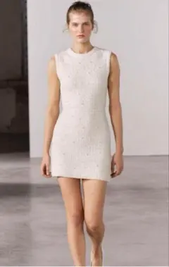 ZARA　フェイクパールミニニットワンピース　Lサイズ
