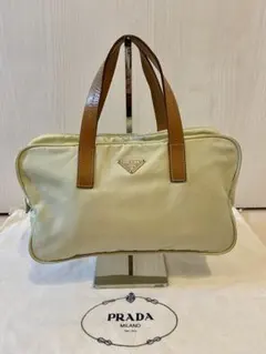 PRADA ハンドバッグ　レザー　ナイロン　三角ロゴプレート　ベージュ　白