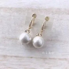 08｜10mm ホワイト コットンパール ジルコニア フープ イヤリング ピアス