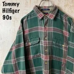 90s オールド トミーヒルフィガー 長袖 ネルシャツ グリーン アメリカ古着