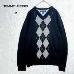 トミーヒルフィガー ニット ブラック M コットン Vネック アーガイル 長袖のサムネイル