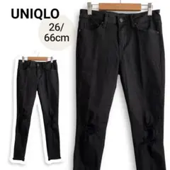 UNIQLO スキニーデニム ダメージ 26/66cm ブラック ストレッチ L