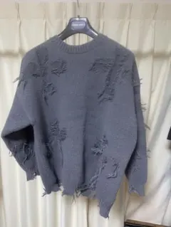 メンズニット　グレー ダメージ加工 オーバーサイズニット