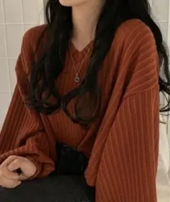 【美品】Achic リブ編みニットソートップス　Mサイズ　レッド