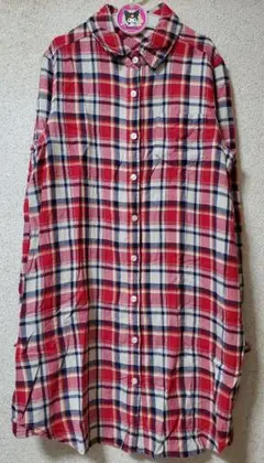 美品 赤系チェック ロングシャツ シャツワンピース 薄手 レッドチェック M程度