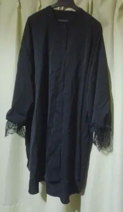 袖口レース付黒ボタンシャツブラウス レディース大きいサイズ