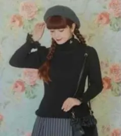 青木美沙子xニナス 袖レースリブニットプルオーバー ブラック L