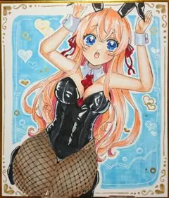 手描きイラストオリジナルイラスト赤色バニーガール色紙原画 - メルカリ