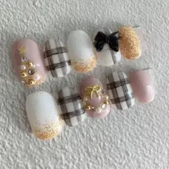 ー*ー様 クリスマスネイル　チェック　ツリー　リース　リボン　ゴールド　ホワイト