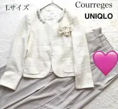 ユニクロ+クレージュ　ママスーツ　パンツセットアップ　ツイード　ノーカラー　L