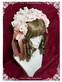 ピンクいちごメイド手作りフリルリボンヘッドドレスカチューシャ