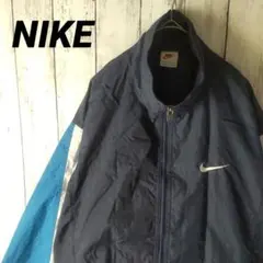 90s　ナイキ　白タグ　ナイロンジャケット　刺繍　トリコ　紺　M　ゆるダボ　古着