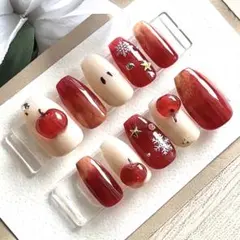 ネイルチップ　クリスマス　冬ネイル　3D 林檎　赤　推し活　ショートバレリーナ