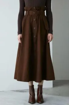 ブラウン フレアスカート ボタン ベルト付き