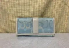 COACH コーチ 長財布 2つ折り財布 シグネチャー 水色×白色