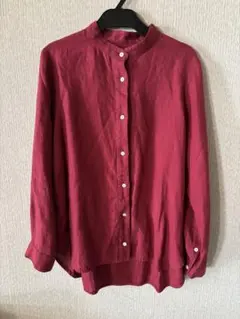 cinq symphonie バーガンディ バンドカラー リネン長袖シャツ
