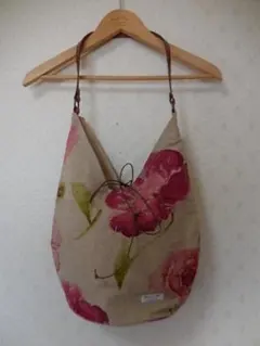 未使用 フランスリネン ショルダーバッグ ハンドメイド 赤花 レザー持ち手