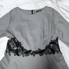 新品未使用タグ付き チェック柄レース装飾長袖ワンピース