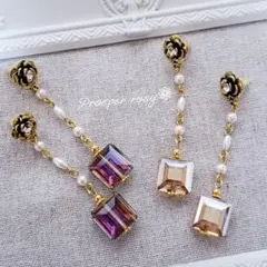 P135＊antique風❁薔薇デザインポスト×オレンジガラス ピアス＊