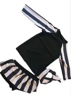 子供 セパレート 水着 ラッシュガード 黒 ストライプ ターバン 110～120