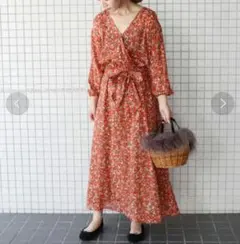 スローブイエナ 花柄 カシュクール ロングワンピース ベルト Aライン