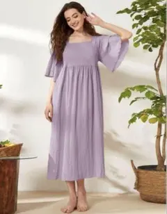 SHEIN シーイン　スクエアネックフラウンススリーブ　ナイトドレス　ワンピースのサムネイル