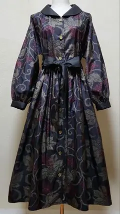 ★着物リメイク★　大島紬　フリル袖のゆったりワンピ　すみれ色 ☆着物リメイク☆ 大島紬 フリル袖のゆったりワンピ スモーキー