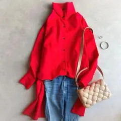 美品▲CABaN //ウールツイル ハイネックロングシャツ▲レッド　赤 ゆったり