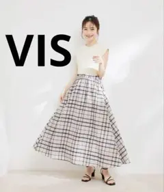 【美品】VIS ビス ドッキングニット チェックワンピース Mサイズ ベージュ