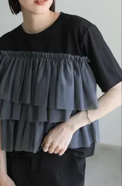 美品 セレクトモカ チュールドッキングTシャツ フリル ティアード 半袖 黒 F
