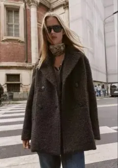 ZARA ブークレダブルブレストミディ丈コート ダークブラウン