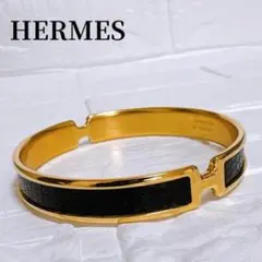 HERMES オランプ Hロゴブレスレット ピンクゴールド リザード ブラック 