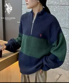 U.S. POLO ASSN.別注ワンポイント刺繍ハーフジップニットトップス