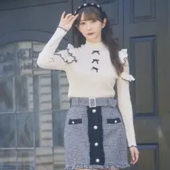 Ank Rouge 肩開きフリル ハイネックリブニット ホワイト パール 白