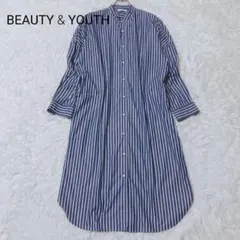 ビューティーアンドユース シャツワンピース ネイビー ストライプ ノーカラー　F