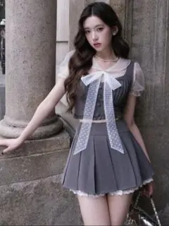 ボウタイブラウス×フリルビスチェ×レースミニスカートセットアップ[ks128]
