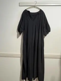 ブラック 半袖 ロングシャツワンピース