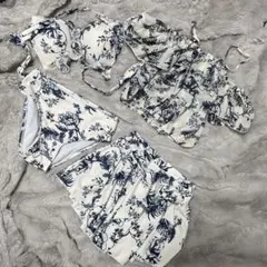 体型カバー　花柄オフショルダー水着4点セット