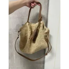 カゴバック ベージュ ストロー トートバッグ ショルダーバッグ