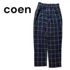 coen コーエン チェック テーパード パンツ M 綿麻 紺 緑 レディース