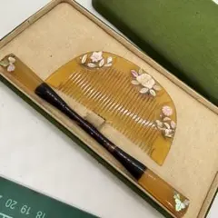 箱072001アンティーク　牛甲　象嵌　珊瑚　螺鈿　　真珠　薔薇　櫛笄　かんざし