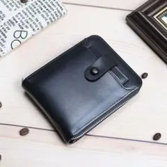 ●新品●多機能財布 二つ折り PUレザー 大容量＜黒＞軽量 小銭入れ