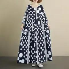 【大きいサイズ】新品 レディース ドット柄 長袖春秋ティアードワンピース✨