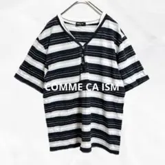 c989 コムサイズム　半袖ボーダーカットソーL Vネック　大人カジュアル　綿
